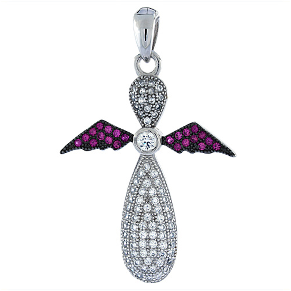 Sterling Silver Guardian Angel Cross Pendant CZ Micro Pave, 1 1/16 inch long