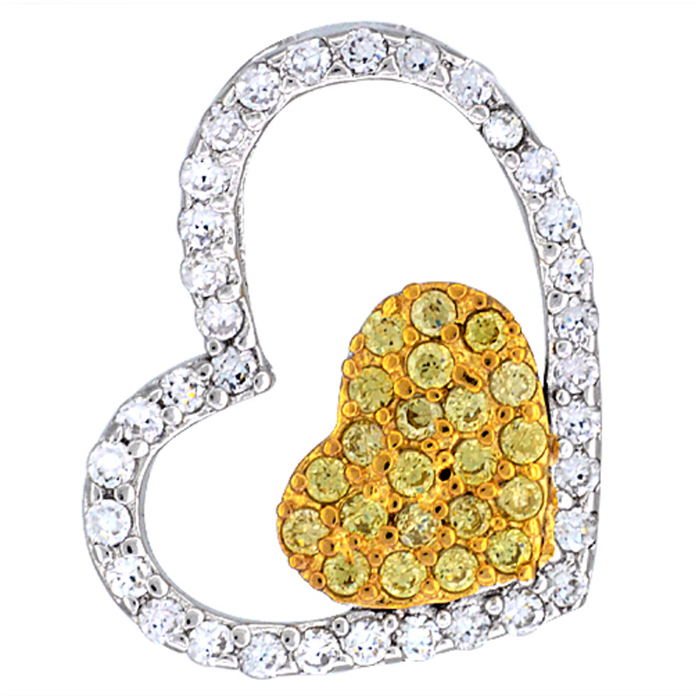 Sterling Silver Tilted Heart Micro Pave CZ Pendant Yellow Gold Finish, 13/16 inch long