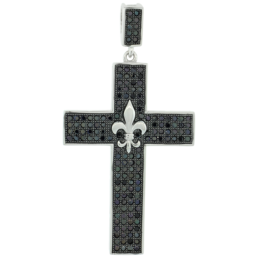 Sterling Silver Micro Pave Cubic Zirconia Cross Pendant Black Stones Centered Fleur-De-Lis