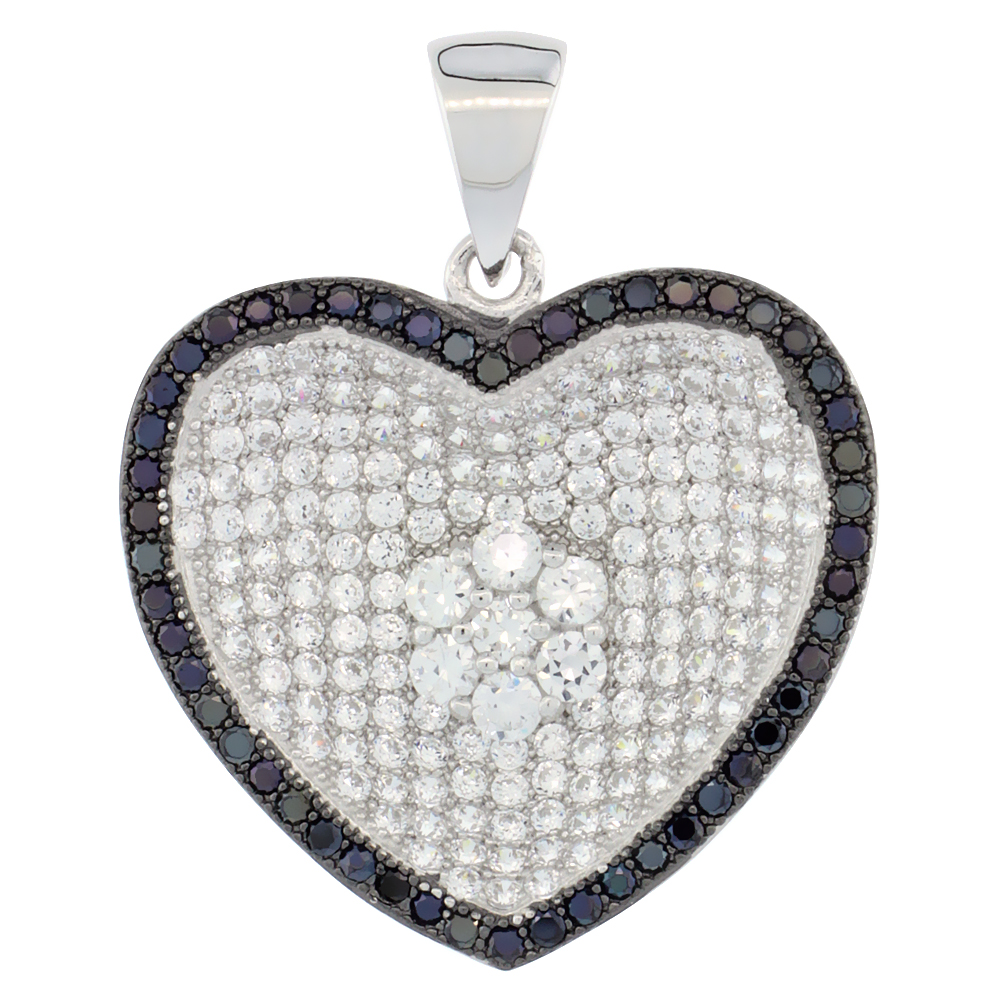 Sterling Silver Micro Pave Cubic Zirconia Heart Pendant Centered White Flower Outlined in Black Stones