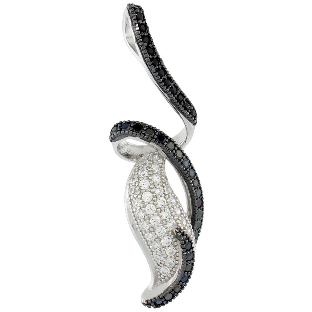 Sterling Silver Micro Pave Cubic Zirconia Spiral Leaf Drop Pendant Black &amp; White Stones