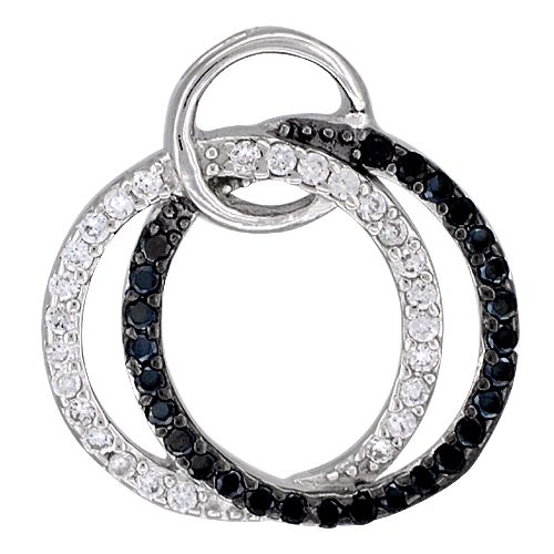 Sterling Silver Twin Circles Micro Pave CZ Pendant Black &amp; White stones, 3/4 inch in diameter