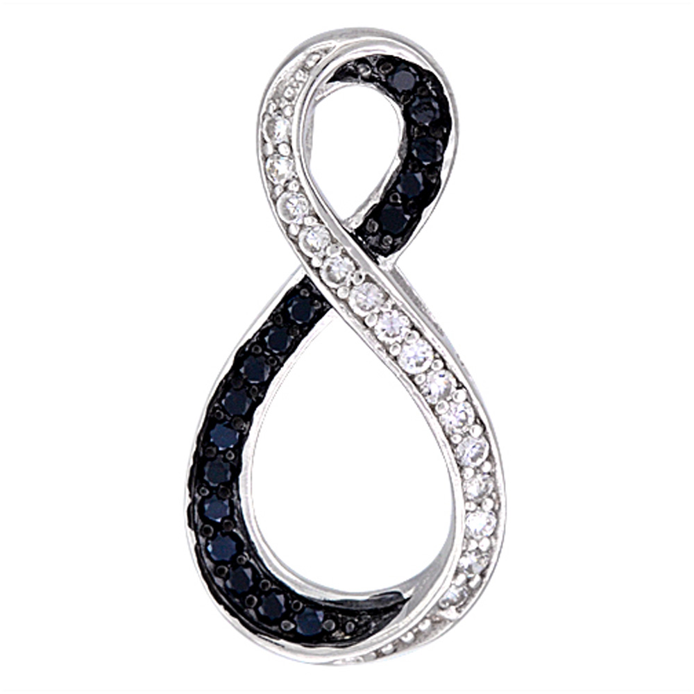 Sterling Silver Infinity Micro Pave CZ Pendant Black &amp; White Stones, 1 1/8 inch long