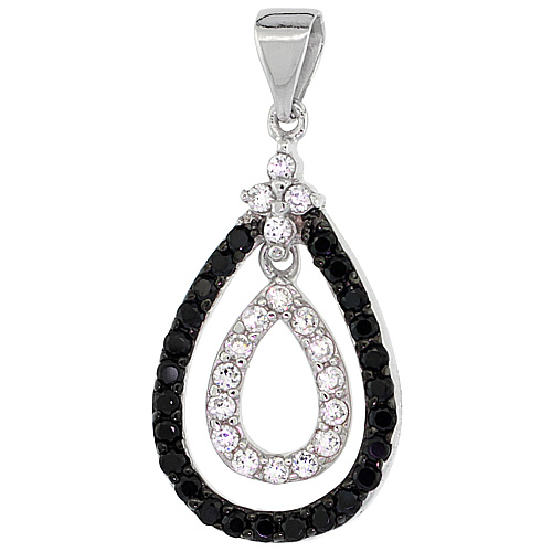 Sterling Silver Dual Pear Shape Micro Pave CZ Pendant Black &amp; White Stones, 15/16 inch long
