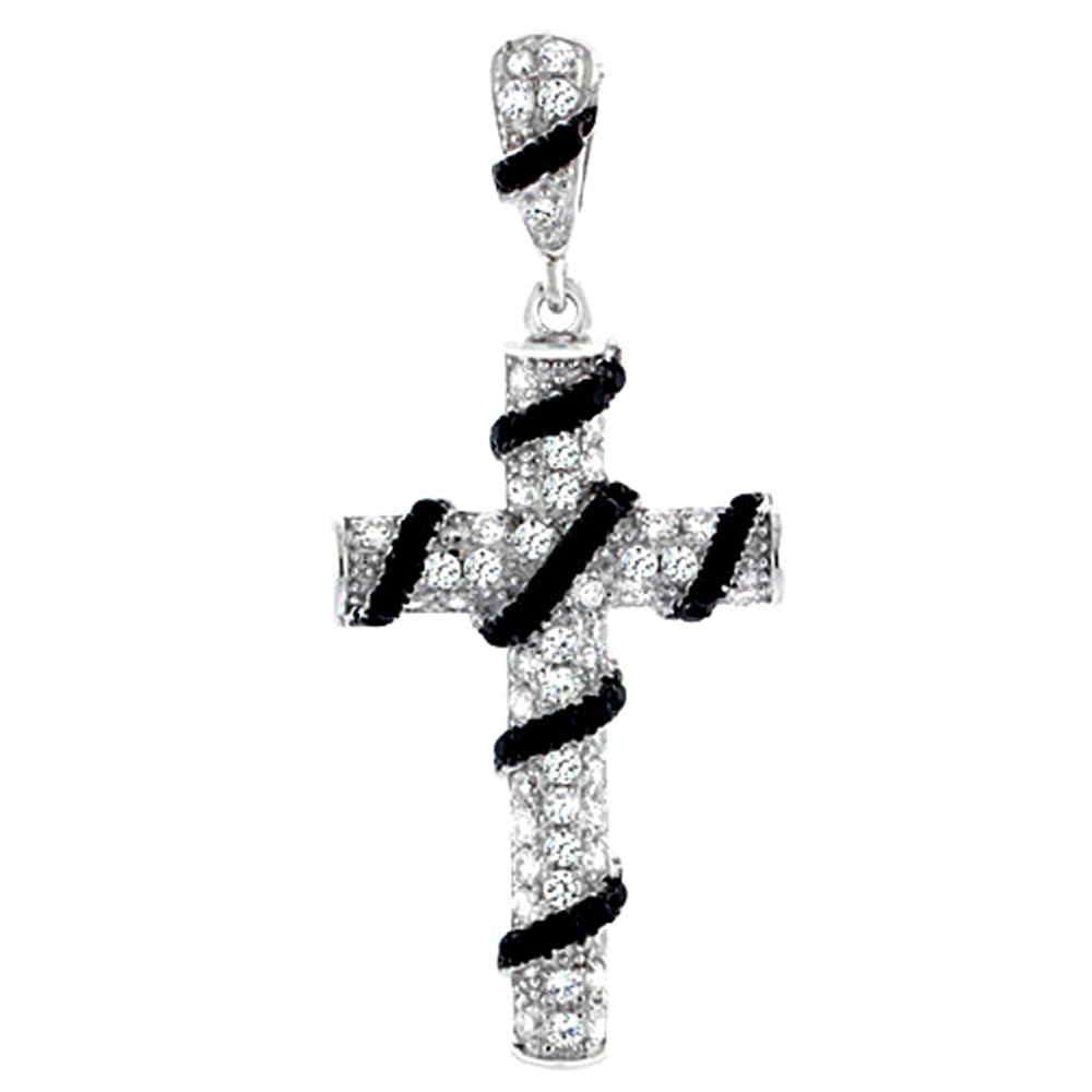 Sterling Silver Cross Micro Pave CZ Pendant Black &amp; White Stones, 7/16 inch long