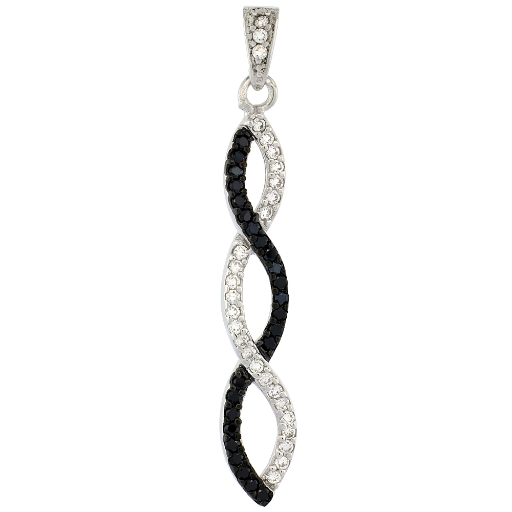 Sterling Silver Triple Infinity Micro Pave CZ Pendant Black &amp; White Stones, 1 3/4 inch long