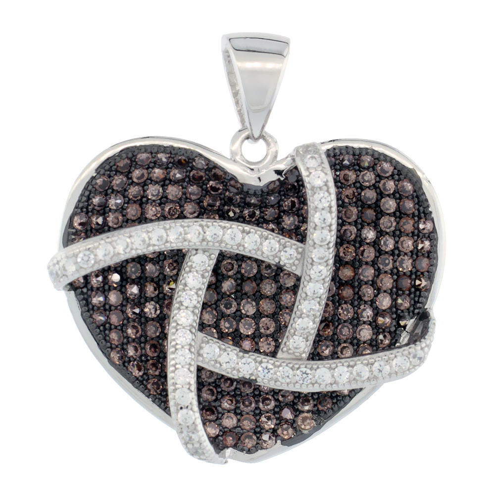 Sterling Silver Micro Pave Cubic Zirconia Caged Heart Pendant White &amp; Brown Stones