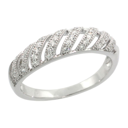 Sterling Silver Cubic Zirconia Micro Pave Domed Band Cut-out Stripes, Sizes 6 to 9