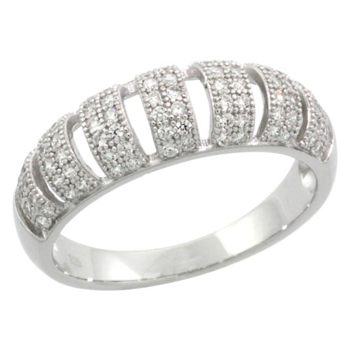 STERLING SILVER CUBIC ZIRCONIA MICRO PAVE DOMED BAND CUT-OUT 2-ROW STRIPES, SIZES 6 TO 9
