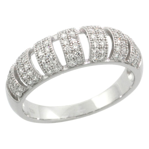 Sterling Silver Cubic Zirconia Micro Pave Domed Band Cut-out 2-Row Stripes, Sizes 6 to 9