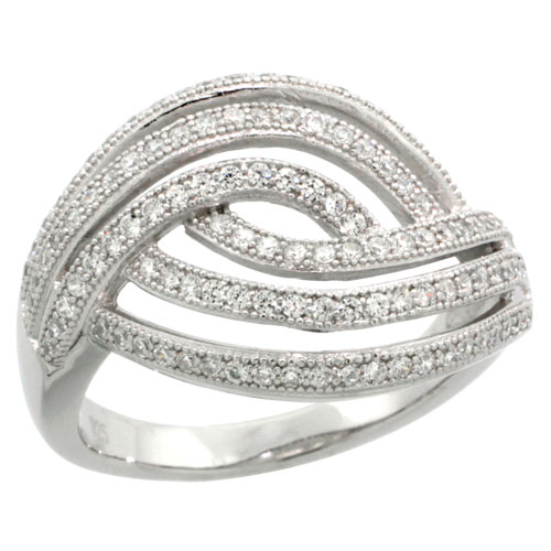 STERLING SILVER CUBIC ZIRCONIA MICRO PAVE BRAIDED STRIPES RING, SIZES 6 TO 9