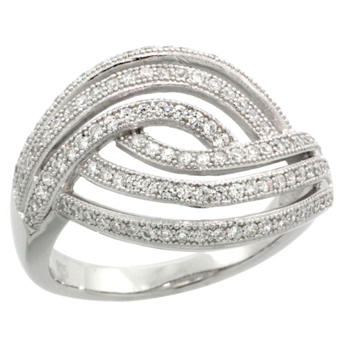 Sterling Silver Cubic Zirconia Micro Pave Braided Stripes Ring, Sizes 6 to 9