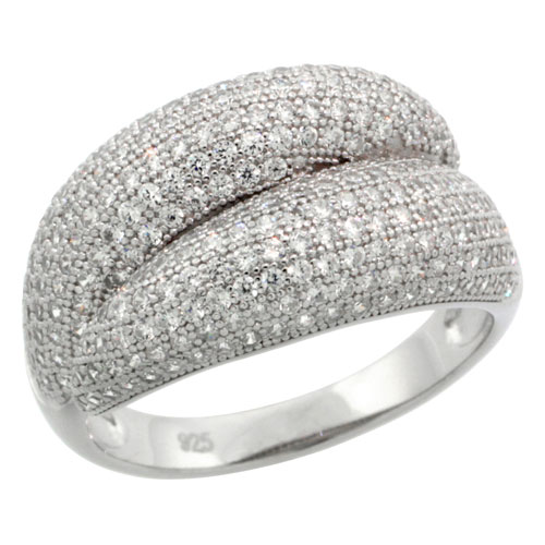 Sterling Silver Cubic Zirconia Micro Pave By Pass Band, Sizes 6 to 9