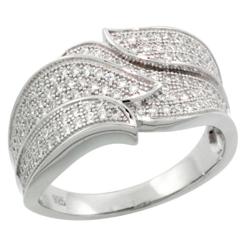 Sterling Silver Cubic Zirconia Micro Pave Double Leaf Band, Sizes 6 to 9