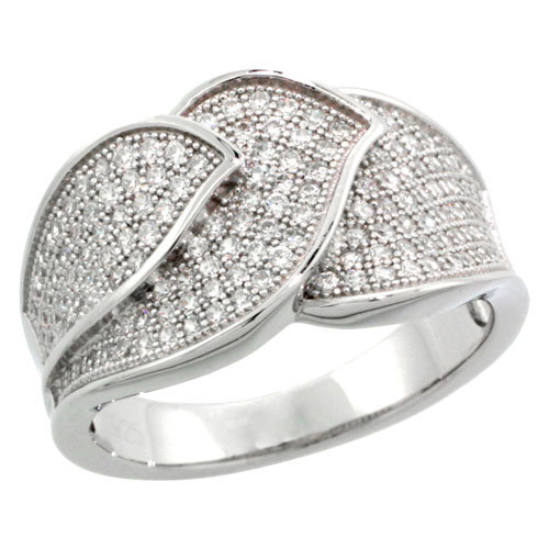 Sterling Silver Cubic Zirconia Micro Pave Three Leaf Band, Sizes 6 to 9