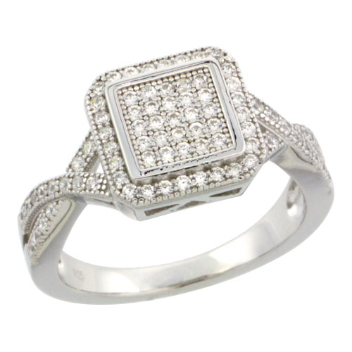 Sterling Silver Cubic Zirconia Micro Pave Square Box Shape Ring X on each side Ring, Sizes 6 to 9