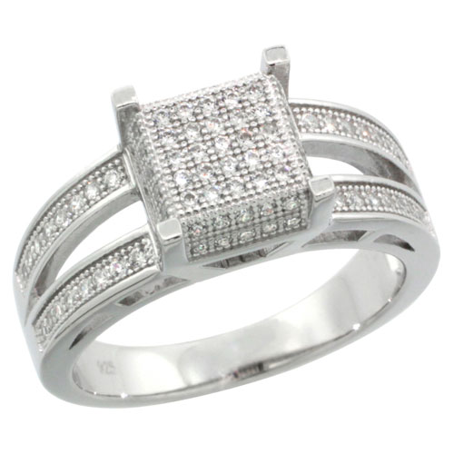 Sterling Silver Cubic Zirconia Micro Pave Square 2 Sided line Ring, Sizes 6 to 9