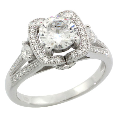 STERLING SILVER CUBIC ZIRCONIA MICRO PAVE CROWN SHAPE RING SETTING 2 SIDE STONES, SIZES 6 TO 9