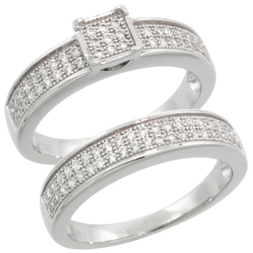 Sterling Silver Cubic Zirconia Micro Pave Bridal & Engagement Set Ring Matching Band In White Stones, Sizes 6 to 9