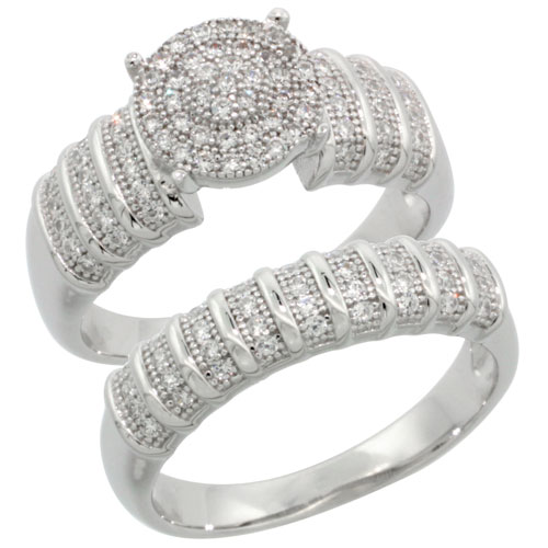 Sterling Silver Cubic Zirconia Micro Pave Bridal &amp; Engagement Set Ring Matching Band In White Stones, Sizes 6 to 9