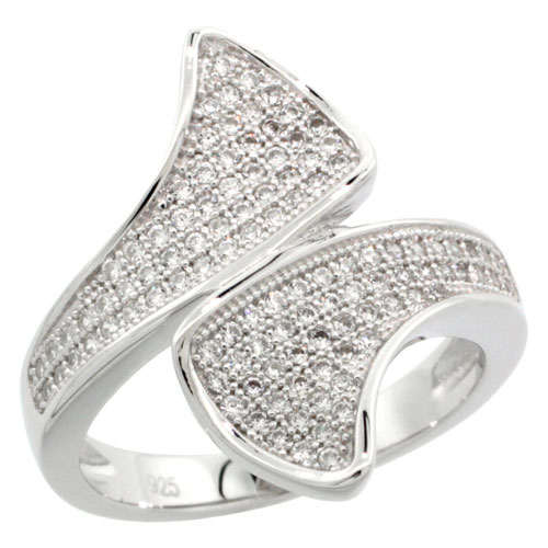 Sterling Silver Cubic Zirconia Micro Pave Flouting Ribbon Shape Ring, Sizes 6 to 9