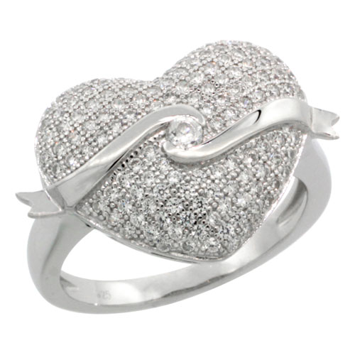 STERLING SILVER CUBIC ZIRCONIA MICRO PAVE FLOATING RIBBON ON A HEART RING, SIZES 6 TO 9