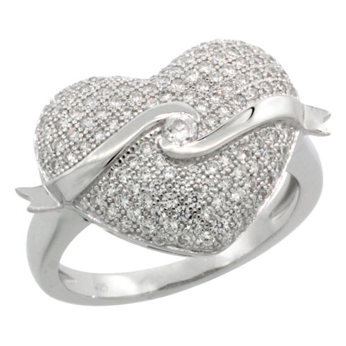 Sterling Silver Cubic Zirconia Micro Pave Floating Ribbon on a Heart Ring, Sizes 6 to 9