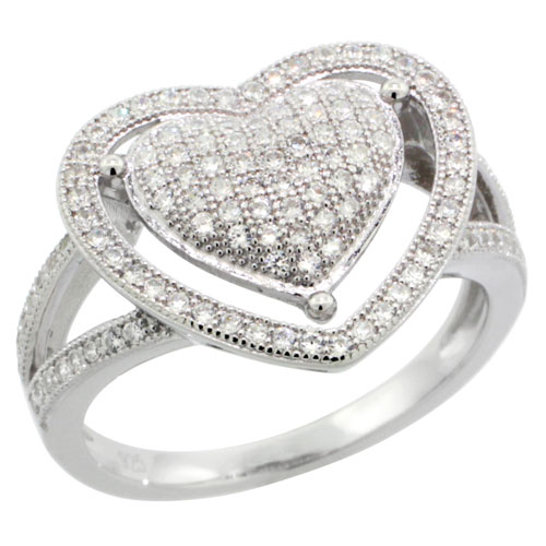 Sterling Silver Cubic Zirconia Micro Pave Two Hearts Ring, Sizes 6 to 9