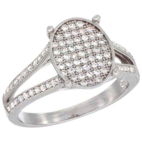 LADIES STERLING SILVER OVAL MICRO PAVE CZ RING 7/16 INCH WIDE, SIZES 6 - 9
