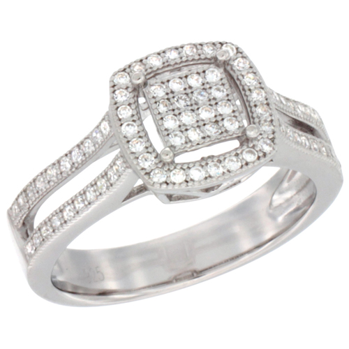 LADIES STERLING SILVER SQUARE MICRO PAVE CZ RING 7/16 INCH WIDE, SIZES 6 - 9