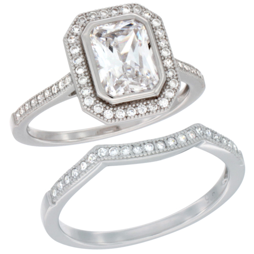 LADIES STERLING SILVER OCTAGON CUT HALO 2-PIECE ENGAGEMENT MICRO PAVE CZ RING SET 1/2 INCH WIDE, SIZES 6 - 9