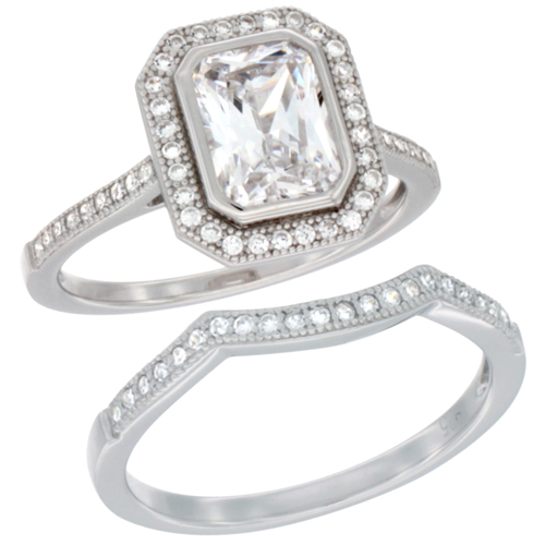 Ladies Sterling Silver Octagon cut Halo 2-Piece Engagement Micro Pave CZ Ring Set 1/2 inch wide, sizes 6 - 9