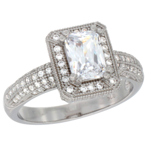 LADIES STERLING SILVER EMERALD CUT 7X5 MM MICRO PAVE CZ RING 7/16 INCH WIDE, SIZES 6 - 9