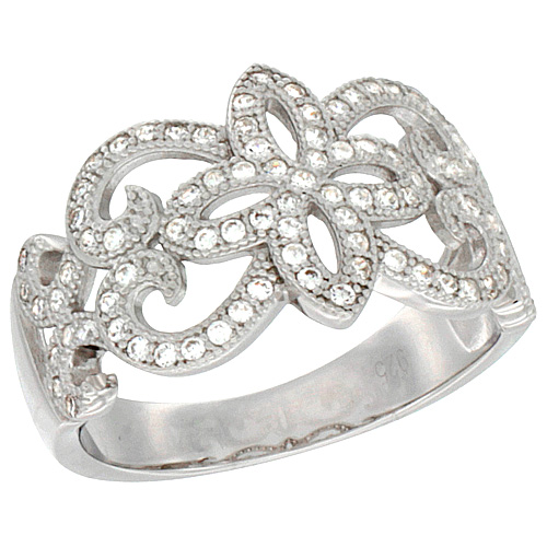 LADIES STERLING SILVER FLORAL MICRO PAVE CZ RING 1/2 INCH WIDE, SIZES 6 - 9