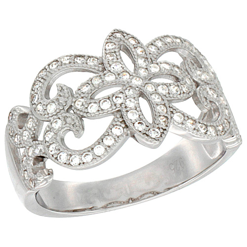Ladies Sterling Silver Floral Micro Pave CZ Ring 1/2 inch wide, sizes 6 - 9
