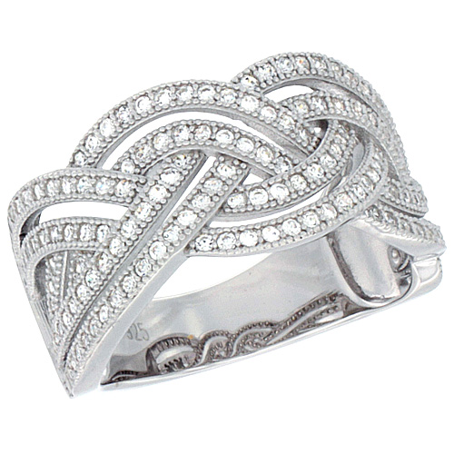 Ladies Sterling Silver Wide Wrap Style Micro Pave CZ Ring 7/16 inch wide, sizes 6 - 9