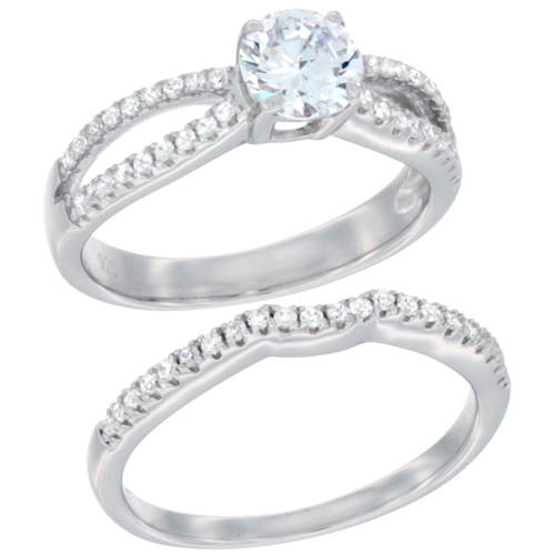 LADIES STERLING SILVER ROUND STONE 2-PIECE ENGAGEMENT MICRO PAVE CZ RING SET 1/4 INCH WIDE, SIZES 6 - 9