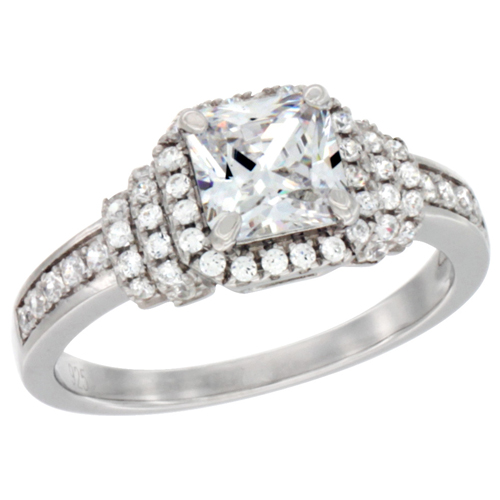 LADIES STERLING SILVER PRINCESS CUT 6MM MICRO PAVE CZ RING 1/4 INCH WIDE, SIZES 6 - 9