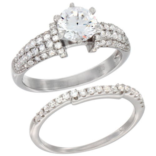 Ladies Sterling Silver Round Center 2-Piece Engagement Micro Pave CZ Ring Set 9/32 inch wide, sizes 6 - 9