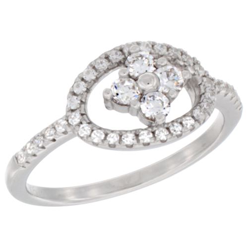 LADIES STERLING SILVER OPEN OVAL FLORAL MICRO PAVE CZ RING 3/8 INCH WIDE, SIZES 6 - 9