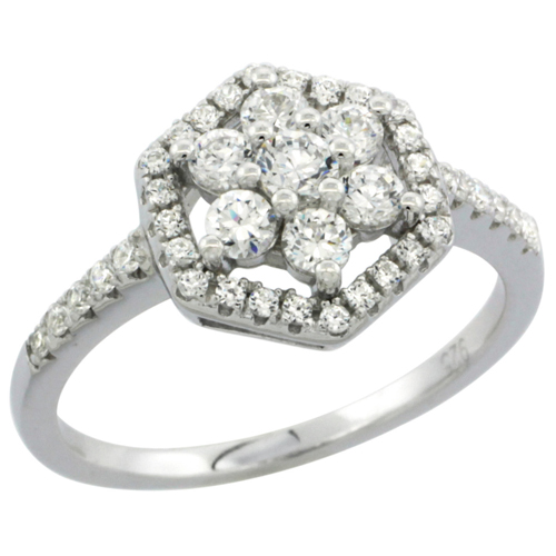 Ladies Sterling Silver Hexagonal Floral Micro Pave CZ Ring 15/32 inch wide, sizes 6 - 9