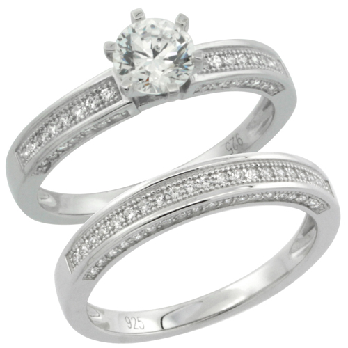 Ladies Sterling Silver Round Stone 2-Piece Engagement Micro Pave CZ Ring Set 1/4 inch wide, sizes 6 - 9