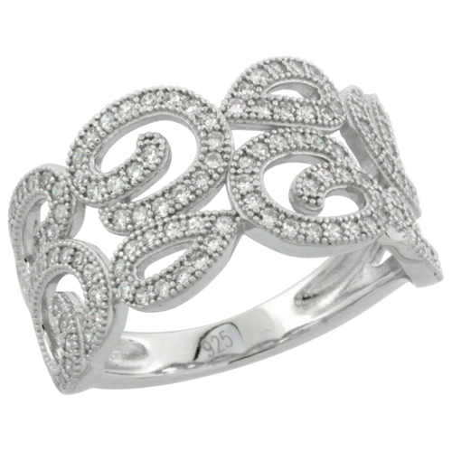 LADIES STERLING SILVER DECORATIVE FLORAL MICRO PAVE CZ BRIDAL RING 15/32 INCH WIDE, SIZES 6 - 9