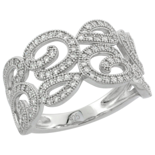 Ladies Sterling Silver Decorative Floral Micro Pave CZ Bridal Ring 15/32 inch wide, sizes 6 - 9