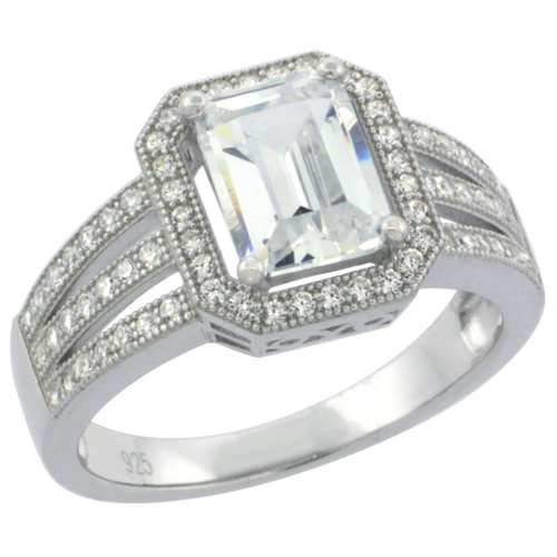 LADIES STERLING SILVER EMERALD CUT 8X6 MM MICRO PAVE CZ RING 7/16 INCH WIDE, SIZES 6 - 9