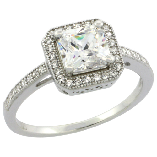 LADIES STERLING SILVER THIN SQUARE STONE 6 MM MICRO PAVE CZ RING 1/4 INCH WIDE, SIZES 6 - 9