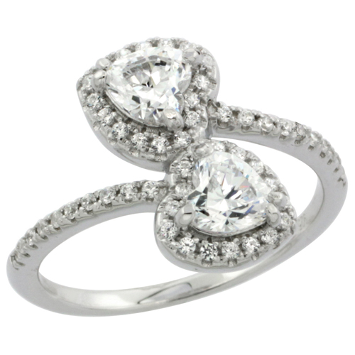 LADIES STERLING SILVER THIN HEART WRAP 5MM MICRO PAVE CZ RING 19/32 INCH WIDE, SIZES 6 - 9