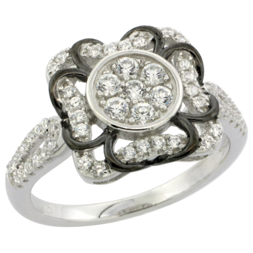 LADIES STERLING SILVER FLORAL MICRO PAVE CZ RING BLACK OUTLINE 1/2 INCH WIDE, SIZES 6 - 9