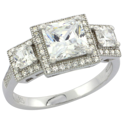 LADIES STERLING SILVER 3-STONE PRINCESS CUT MICRO PAVE CZ RING 3/8 INCH WIDE, SIZES 6 - 9
