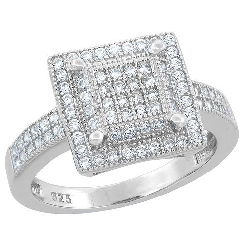 STERLING SILVER MICRO PAVE CZ SQUARE RING RAISED CENTER, 1/2 INCH WIDE, SIZES 6 - 9